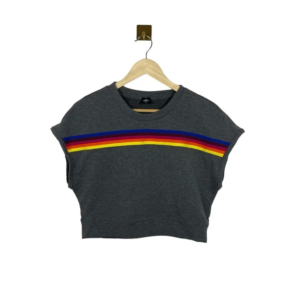 NWOT Birdiebee Phoenix Crop Rainbow Stripe Tee in Grey Size S - Picture 3 of 8